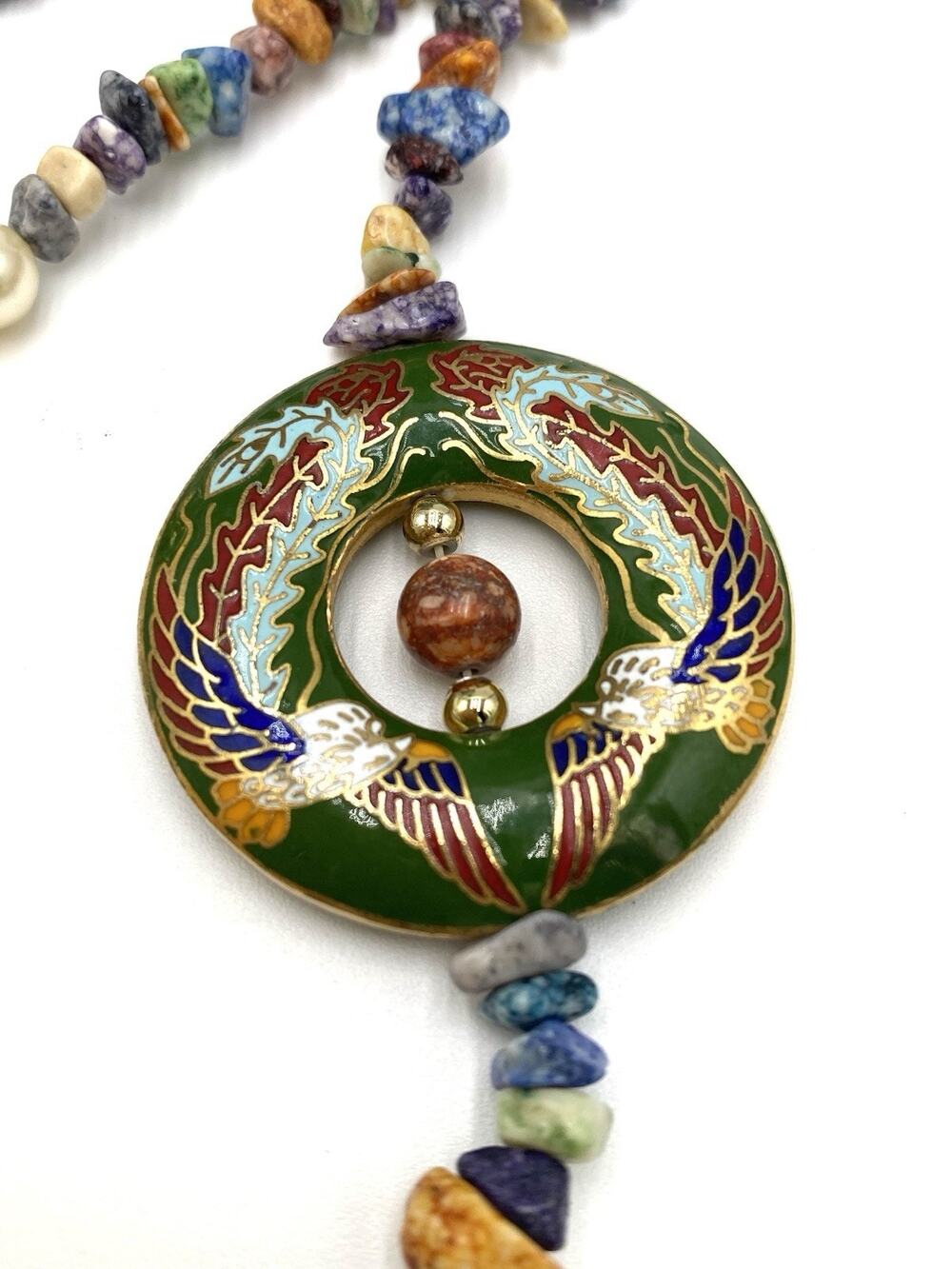 Necklace Natural Stone Chips Large Cloisonne Birds 36”